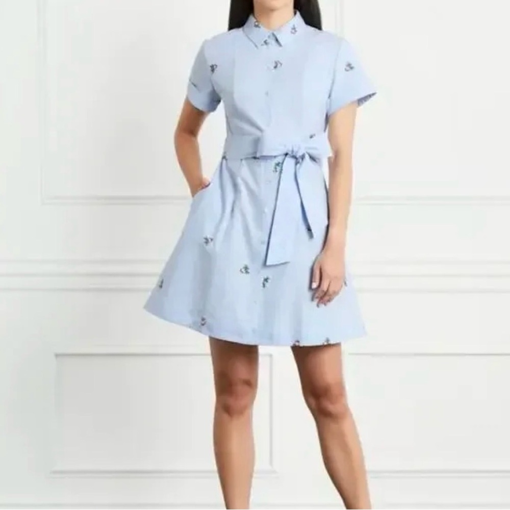 Hill House Laura Shirt Dress Oxford Light Blue Buttons Belt Floral Linen Style